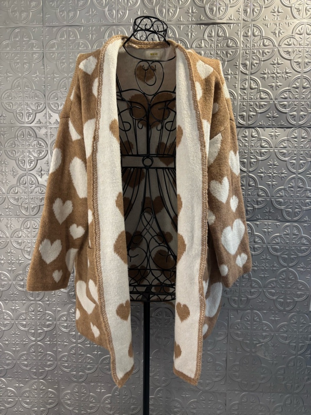 Maeve Anthropologie Oversized Hearts Cardigan Sweater in Tan Size M/L